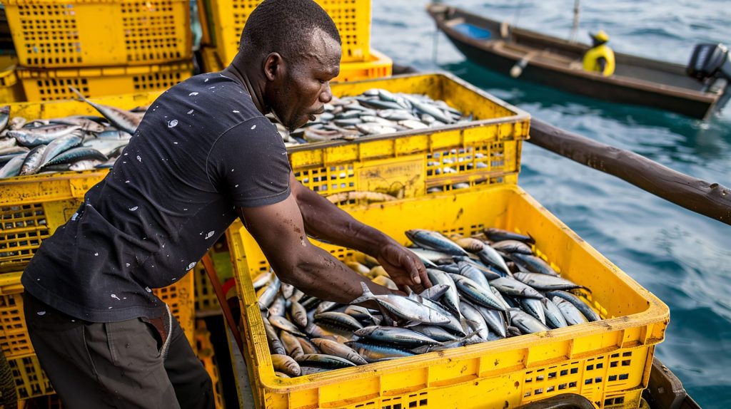 un homme vend du poisson sur un bateau dans l eau min scaled.jpg